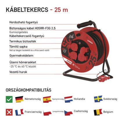 Kültéri kábeldob 25 m / 4 aljzat / fekete / gumi / 230 V / 2,5 mm2