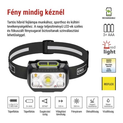 EMOS LED Fejlámpa tölthető P3546, 550 lm, 110 m, Li-Pol 1000 mAh / 3× AAA