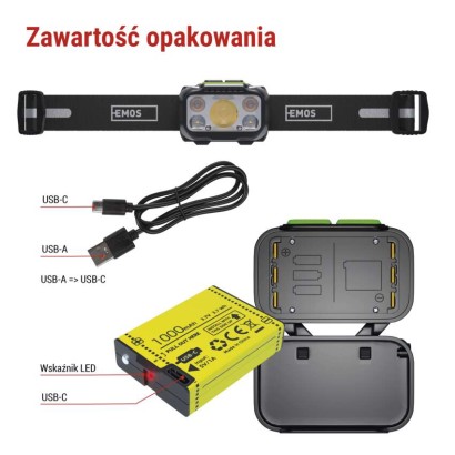 Latarka czołowa LED, 550 lm, Li-Pol 1000 mAh ładowalna / 3× AAA