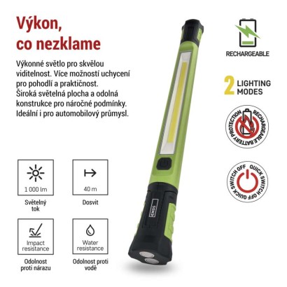 COB LED nabíjecí prac. svítilna P4545, 1000 lm, 2600 mAh