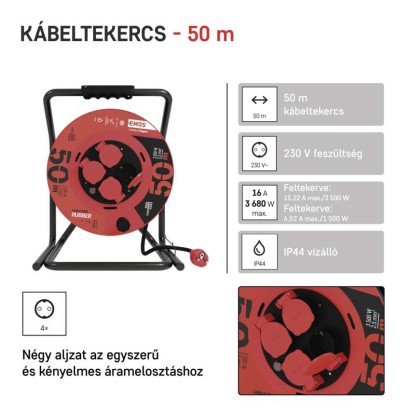 Kültéri kábeldob 50 m / 4 aljzat / fekete / gumi / 230 V / 2,5 mm2