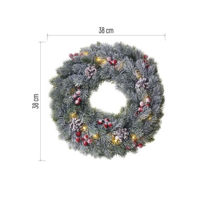 LED vánoční věnec zasněžený, 38 cm, 2x AA, vnitřní, teplá bílá, časovač