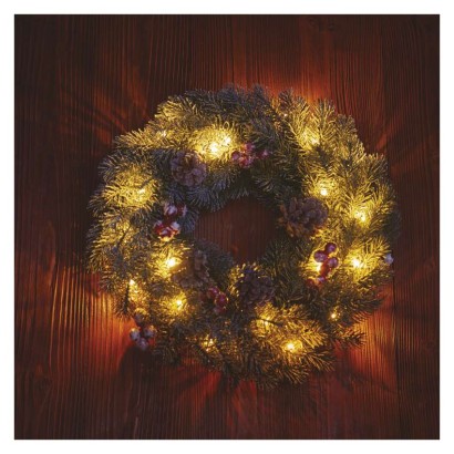 LED vánoční věnec zasněžený, 38 cm, 2x AA, vnitřní, teplá bílá, časovač