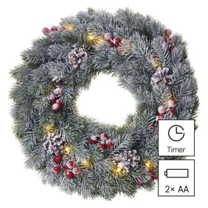 LED vánoční věnec zasněžený, 38 cm, 2x AA, vnitřní, teplá bílá, časovač