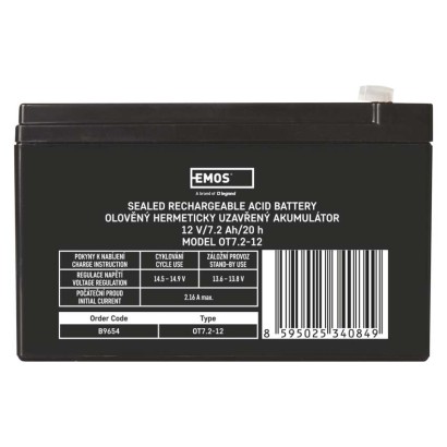 SLA (hermētisks svina un skābes elementu) akumulators, 12 V/7,2 Ah, Faston, 4,7 mm