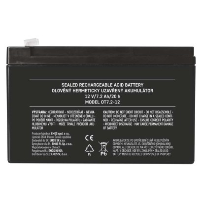 SLA (hermētisks svina un skābes elementu) akumulators, 12 V/7,2 Ah, Faston, 4,7 mm