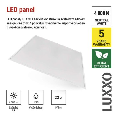 LED panel LUXXO backlit 60×60, čtvercový vestavný bílý, 22W neutr. b.