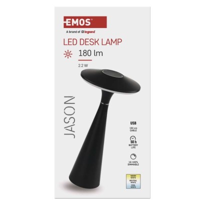 LED stolní lampa JASON, nabíjecí, černá