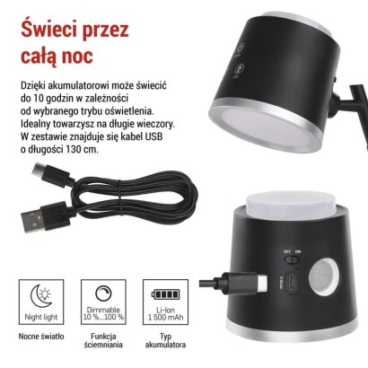 Lampa biurkowa LED ABBIE, ładowalna, czarna