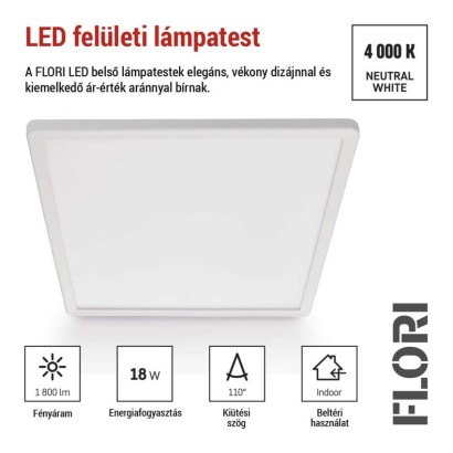 LED felületi lámpatest FLORI négyzet, fehér, 18W, semleges fehér