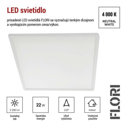 LED prisadené svietidlo FLORI štvorcový, biele, 22W, neutrálna biela