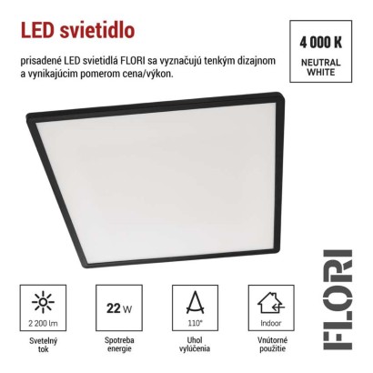 LED prisadené svietidlo FLORI štvorcový, čierné, 22W, neutrálna biela