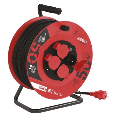 Vonkajší predlžovací kábel na bubne 50 m / 4 zásuvky / čierny / guma / 230 V / 1,5 mm2