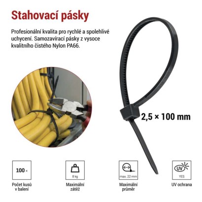 Stahovací páska 100×2,5 mm, černá, 100 ks