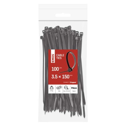 Stahovací páska 150×3,5 mm, černá, 100 ks