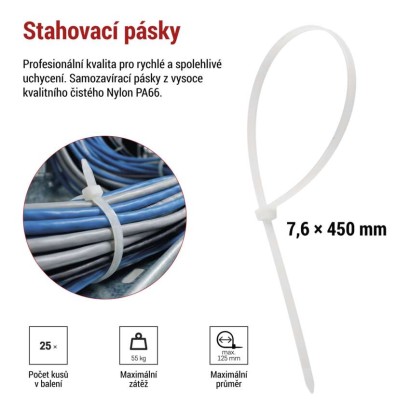 Stahovací páska 450×7,6 mm, bílá, 25 ks