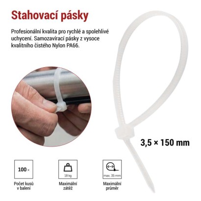 Stahovací páska 150×3,5 mm, bílá, 100 ks