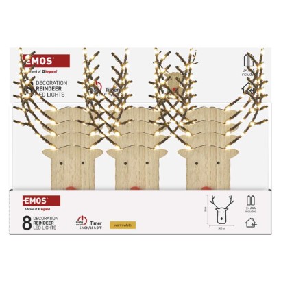 Dekoracje - renifer 8 LED , 16 cm, 2x AAA, ciepła biel, IP20, timer, 12 szt., display box