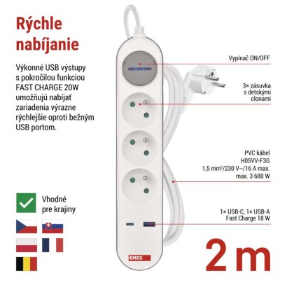 Predlžovací kábel 2 m / 3 zásuvky / s vypínačom / biely / 1×USB-A + 1×USB-C / 1,5 mm2