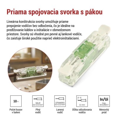 Priama páčková spojovacia svorka 2× 0,2–4 mm2, 10 ks