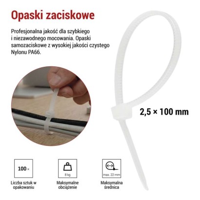 Opaska kablowa 100×2,5, biała, 100 szt