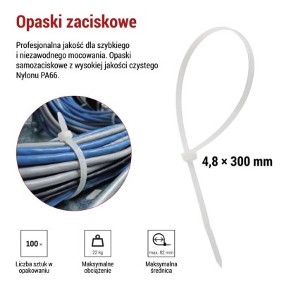 Opaska kablowa 300×4,8, biała, 100 szt