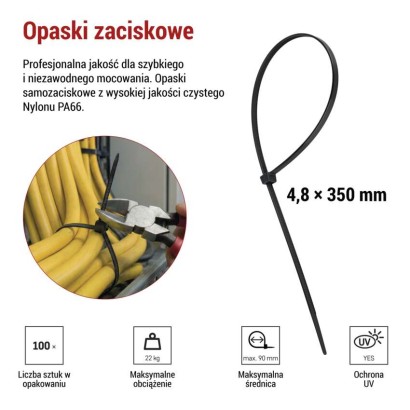 Opaska kablowa 350×4,8, czarna, 100 szt