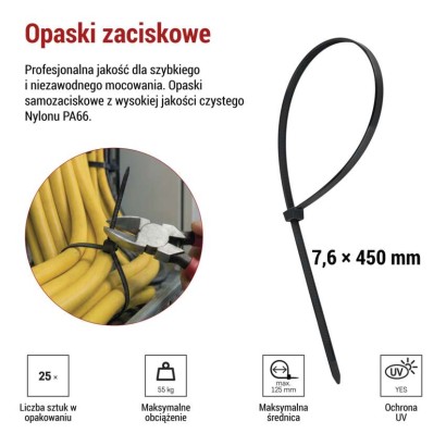 Opaska kablowa 450×7,6, czarna, 25 szt