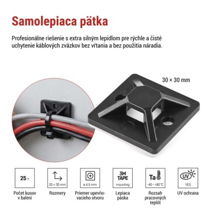 Samolepiaca príchytka sťahovacej pásky 30×30, čierna, 25 ks