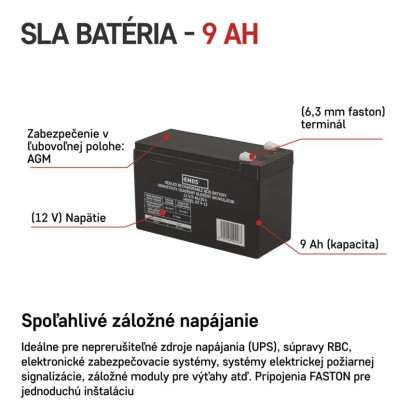 Bezúdržbový olovený akumulátor 12 V/9 Ah, faston 6,3 mm