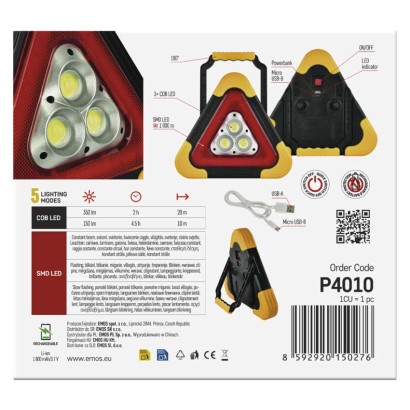 LED brīdinājuma trīsstūris, uzlādējams, COB LED + sarkana LED