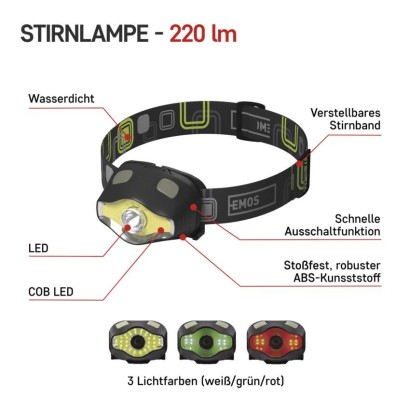 COB LED + LED Stirnlampe P3536, 220 lm, 100 m, 3x AAA
