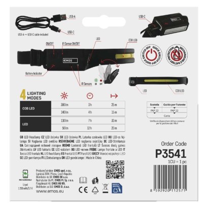 COB LED nabíjacia čelovka P3541, 380 lm, Li-Pol 1200 mAh