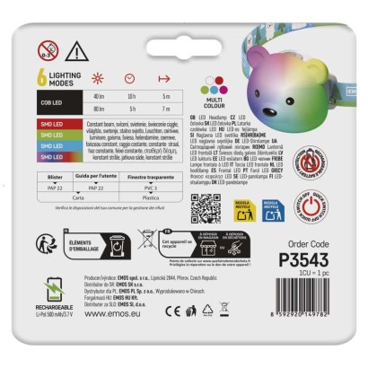 EMOS LED Fejlámpa tölthető medve 80 lm, Li-Pol 500 mAh