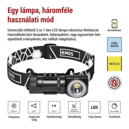 EMOS LED Fejlámpa tölthető P3544, 500 lm, 120 m, Li-Ion 800 mAh