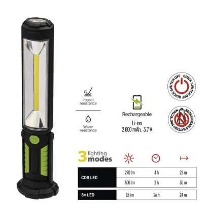 COB LED + LED uzlādējama lampa darbam P4525, 500 lm, 2000 mAh