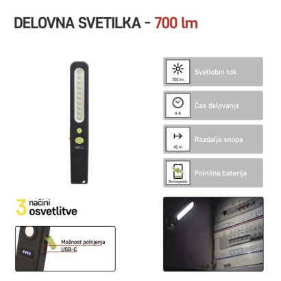 Polnilna LED delovna svetilka SMD LED + LED, 700lm, 1200 mAh