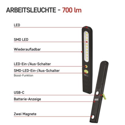SMD LED + LED aufladbare Arbeitsleuchte P4538, 700 lm, 1200 mAh
