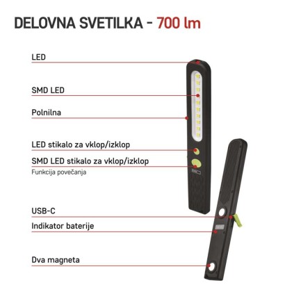 Polnilna LED delovna svetilka SMD LED + LED, 700lm, 1200 mAh