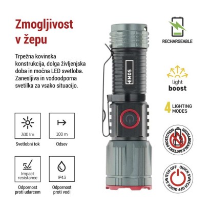 LED Polnilna svetilka kovinska 300 lm, 700 mAh