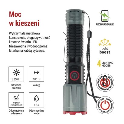 Latarka metalowa LED 1200 lm, 2200 mAh, ładowalna
