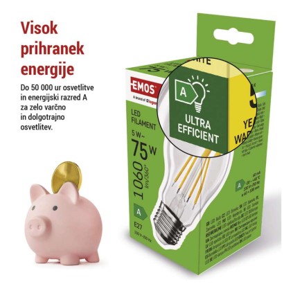LED žarnica Filament A60 A CLASS/ E27 / 5 W (75 W) / 1 060 lm / toplo bela