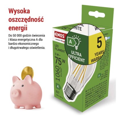 Żarówka LED Filament A60 A CLASS/ E27 / 5 W (75 W) / 1 060 lm / neutralna biel