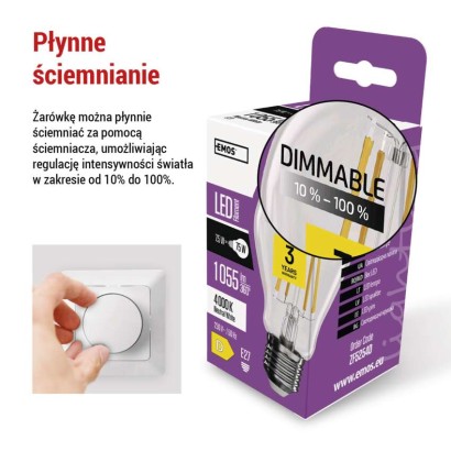 Żarówka LED Filament A60 / E27 / 7,5 W (75 W) / 1 055 lm / neutralna biel / ściemnialna
