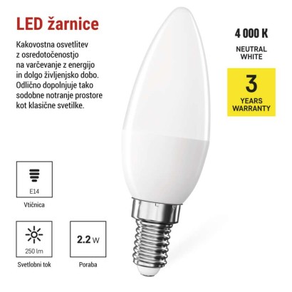 LED žarnica Classic Candle / E14 / 2,2 W (25 W) / 250 lm / Nevtralna bela