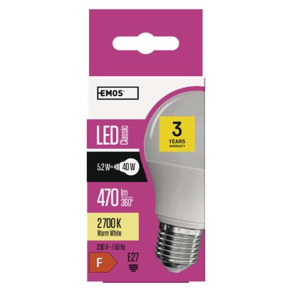 LED žiarovka Classic A60 / E27 / 5,2 W (40 W) / 470 lm / teplá biela