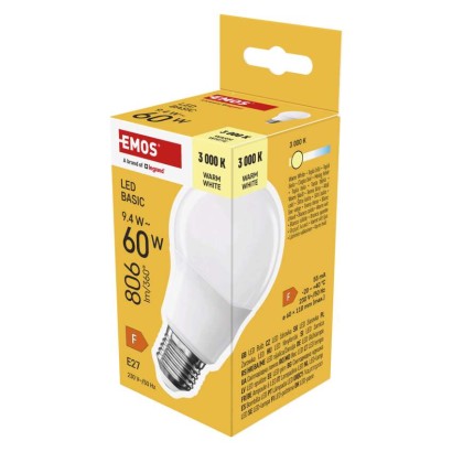 LED spuldze Basic A60 / E27 / 9,4 W (60 W) / 806 lm / Silti balta