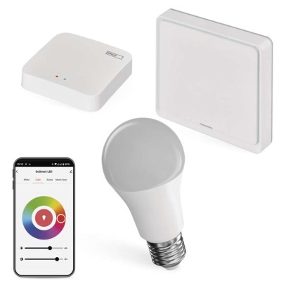 Set GoSmart: 1x LED Lampe E27 / 11W / RGB / Zigbee,  1x Szenenschalter, 1x ZigBee Gateway