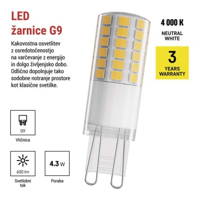 LED žarnica Classic JC / G9 / 4,3 W (48 W) / 600 lm / Nevtralna bel