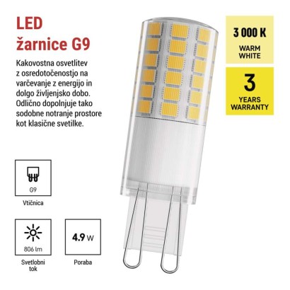 LED žarnica Classic JC / G9 / 4,9 W (60 W) / 806 lm / Toplo bel
